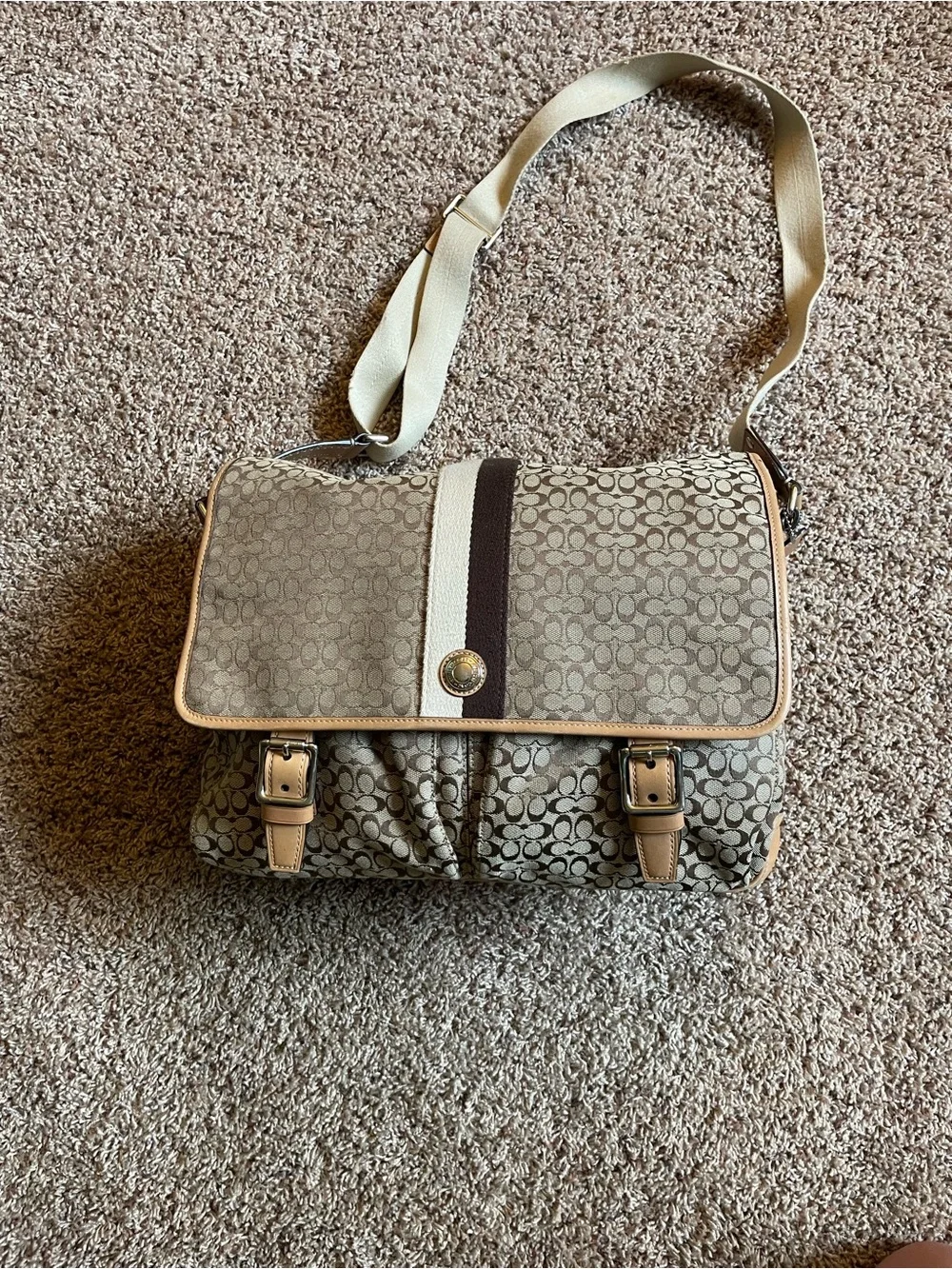 Coach Canvas Messenger Bag in Khaki and Tan with Stripe Detail